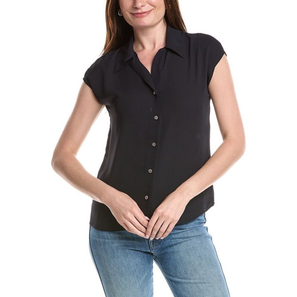 T Tahari Womens Camp Collar Blouse, Blue